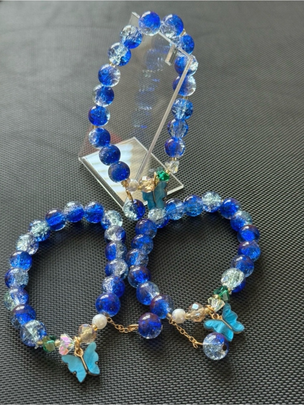 Blue Crackle Glass Beaded Bracelet with Butterfly Charm